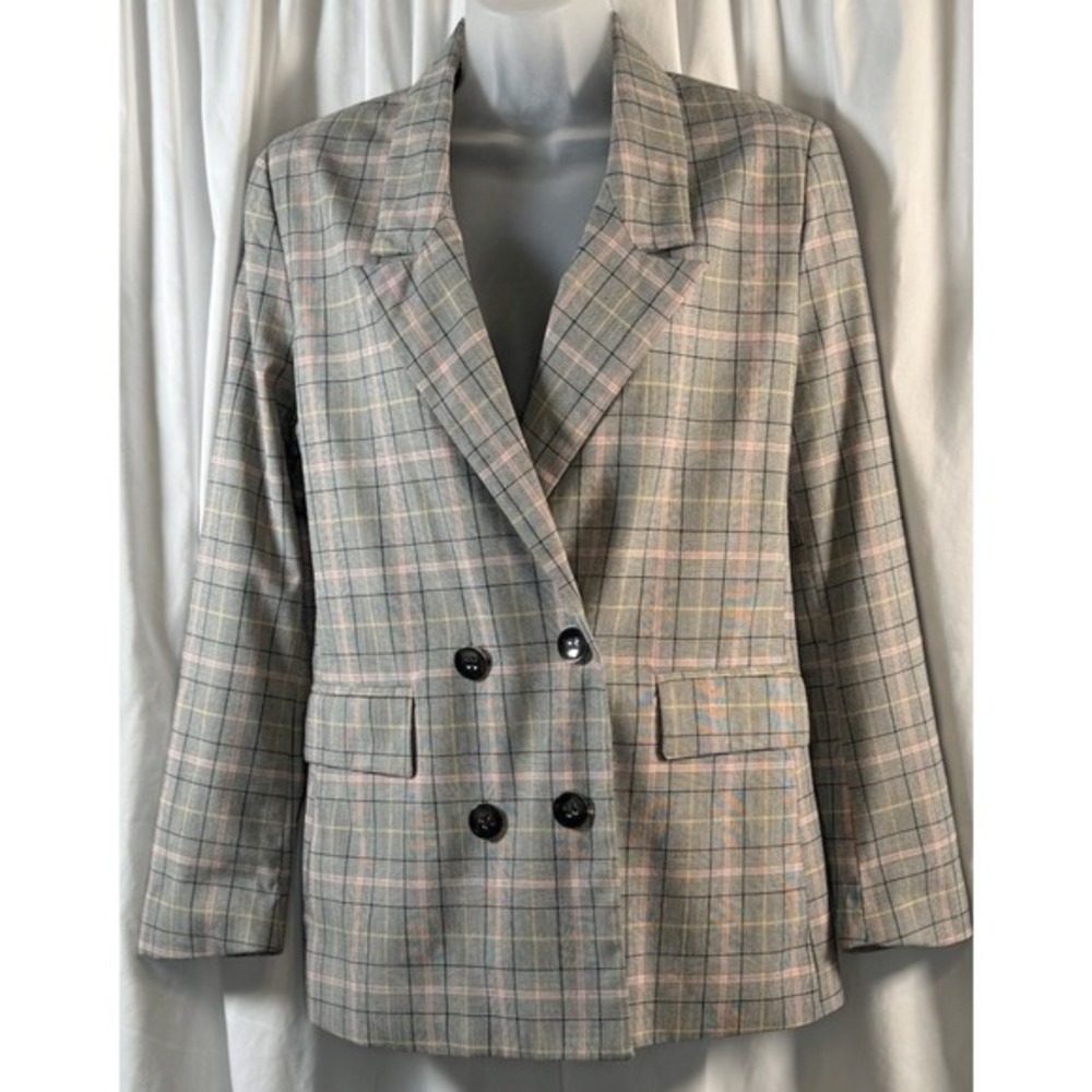 7th Avenue New York & Co Grey Plaid Double Breasted Blazer M Preppy Chic 80-27 - Picture 2 of 12